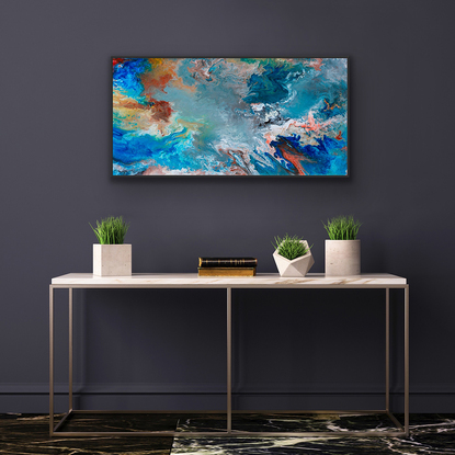 Abstract fluid art painting with  organic forms reminiscent of the sea or underwater. Colourful with many layers of colour and floating forms fusing together. Flowing paint like the ocean from above. Calming and peaceful. Framed Art