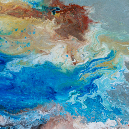 Abstract fluid art painting with  organic forms reminiscent of the sea or underwater. Colourful with many layers of colour and floating forms fusing together. Flowing paint like the ocean from above. Calming and peaceful. Framed Art