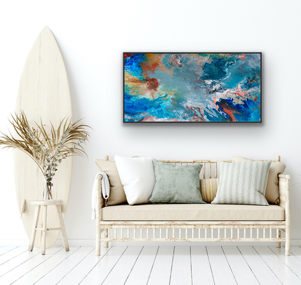 Abstract fluid art painting with  organic forms reminiscent of the sea or underwater. Colourful with many layers of colour and floating forms fusing together. Flowing paint like the ocean from above. Calming and peaceful. Framed Art