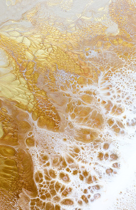 ABSTRACT painting that gives the impression of soothing ocean waves lapping in to soft sandy beach with fast strong waves crashing on a steep beach creating churning water and sand.eating crests of white with an opalescent quality.  The intricate mosaic pattern within the tonal green hues and the glimmering metallics adds added interest and intrigue.
The closer you get to the painting the more of the interesting details and patterns you can see. Metallics add an extra depth because the painting changes personality when one views from different angles.