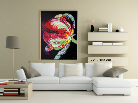 Beatrijs is a large 100x76cm oil on canvas painting depicting a beautiful red patrol tulip flower 