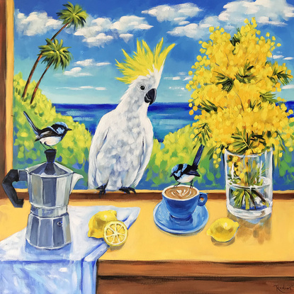 Once upon a time in Australia - Sulphur-crested cockatoo, Superb Fairy-wren, golden wattle, Italian espresso maker moka pot, lemons and cappuccino in a blue cup. Australian birds original painting by Irina Redine. Ready to hang original artwork.