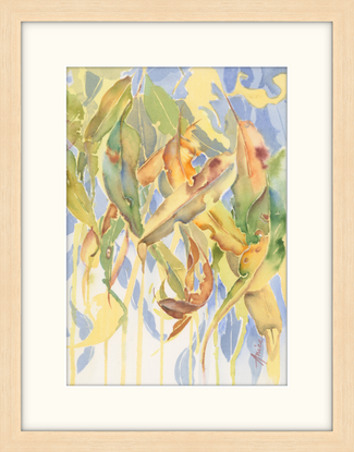 Watercolour painting of Australian gum leaves in yellow, orange, green, gold with blue in the background.