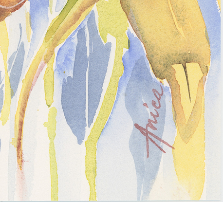 Watercolour painting of Australian gum leaves in yellow, orange, green, gold with blue in the background.