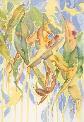 Watercolour painting of Australian gum leaves in yellow, orange, green, gold with blue in the background.