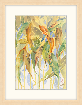 Watercolour painting of Australian gum leaves in yellow, orange, green, gold with blue in the background.