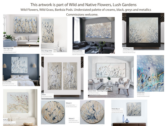 An abstract floral landscape of wild flowers and grass in grey, soft blues and black with silver