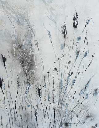 An abstract floral landscape of wild flowers and grass in grey, soft blues and black with silver