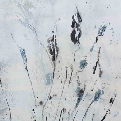 An abstract floral landscape of wild flowers and grass in grey, soft blues and black with silver