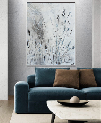 An abstract floral landscape of wild flowers and grass in grey, soft blues and black with silver