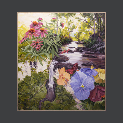 flowers, butterfly and stream flowing to a waterfall in a hinterland landscape.