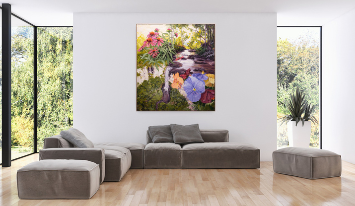 flowers, butterfly and stream flowing to a waterfall in a hinterland landscape.