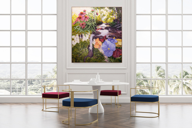 flowers, butterfly and stream flowing to a waterfall in a hinterland landscape.