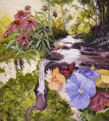 flowers, butterfly and stream flowing to a waterfall in a hinterland landscape.