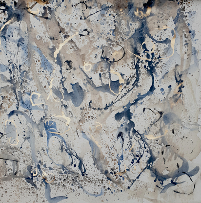 an abstract landscape in shades of blue, gold, smoky grey,, brown, beige and white inspired by wild grass and coastal dunes, australian native and indigenous plants