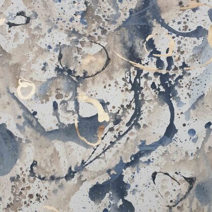 an abstract landscape in shades of blue, gold, smoky grey,, brown, beige and white inspired by wild grass and coastal dunes, australian native and indigenous plants