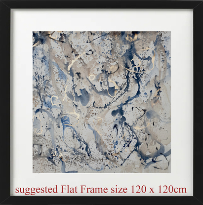 an abstract landscape in shades of blue, gold, smoky grey,, brown, beige and white inspired by wild grass and coastal dunes, australian native and indigenous plants