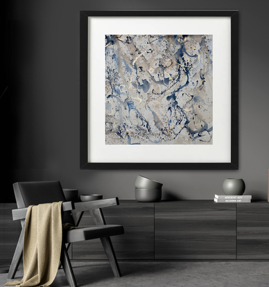 an abstract landscape in shades of blue, gold, smoky grey,, brown, beige and white inspired by wild grass and coastal dunes, australian native and indigenous plants