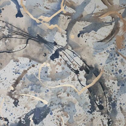 an abstract landscape in shades of blue, gold, smoky grey,, brown, beige and white inspired by wild grass and coastal dunes, australian native and indigenous plants