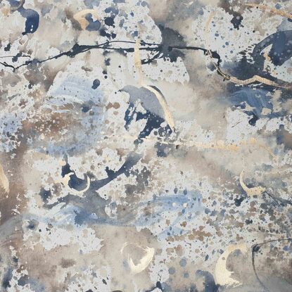 an abstract landscape in shades of blue, gold, smoky grey,, brown, beige and white inspired by wild grass and coastal dunes, australian native and indigenous plants