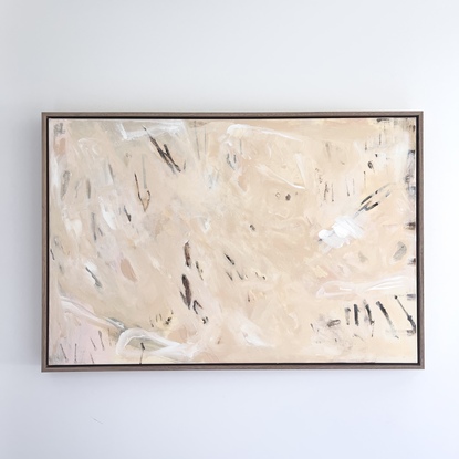 An abstract piece that combines soft and bold strokes. Similar to a sandy beach scattered with driftwood and patterns left by the tide.