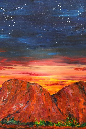 Painting of Kata Tjuta, the rock formations of Mount Olga, southwest of Alice Springs at sunset.