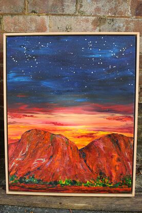 Painting of Kata Tjuta, the rock formations of Mount Olga, southwest of Alice Springs at sunset.