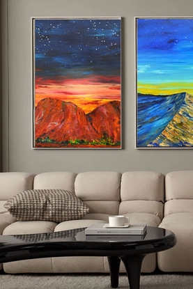 Painting of Kata Tjuta, the rock formations of Mount Olga, southwest of Alice Springs at sunset.