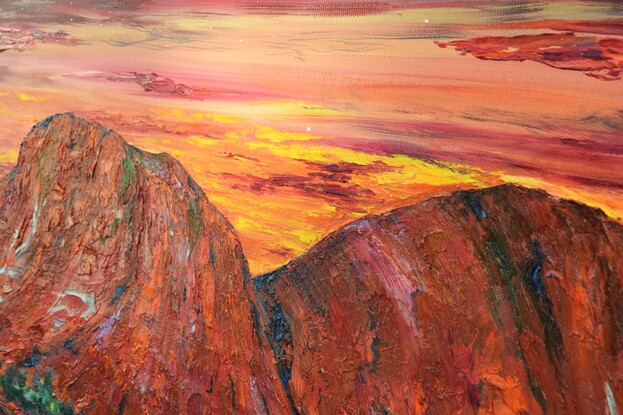 Painting of Kata Tjuta, the rock formations of Mount Olga, southwest of Alice Springs at sunset.