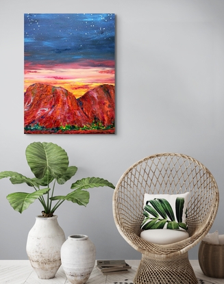 Painting of Kata Tjuta, the rock formations of Mount Olga, southwest of Alice Springs at sunset.