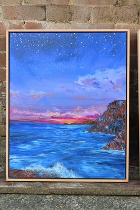 Painting of a seascape at sunset.