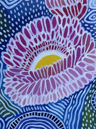 Flowering gum in pink and yellow on blue patterned background 