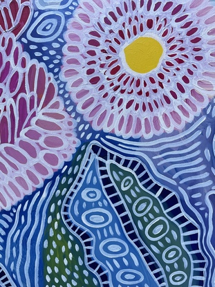 Flowering gum in pink and yellow on blue patterned background 