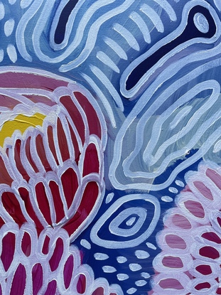 Flowering gum in pink and yellow on blue patterned background 