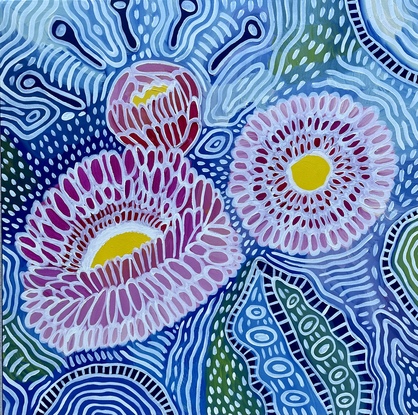 Flowering gum in pink and yellow on blue patterned background 