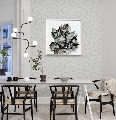 An abstract painting of swaying seagrasses in colours of muted greys, teal and gold flowing across a crisp white background.  Set in a white timber float frame ready to hang