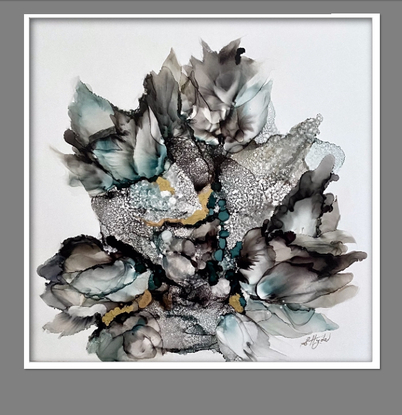 An abstract painting of swaying seagrasses in colours of muted greys, teal and gold flowing across a crisp white background.  Set in a white timber float frame ready to hang