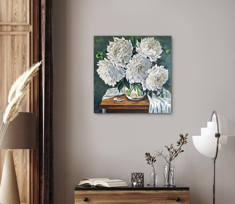 White peonies original painting by Irina Redine. Ready to hang original artwork.