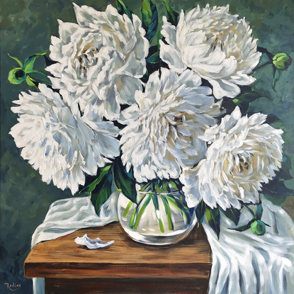 White peonies original painting by Irina Redine. Ready to hang original artwork.