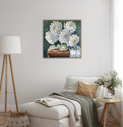 White peonies original painting by Irina Redine. Ready to hang original artwork.