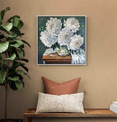 White peonies original painting by Irina Redine. Ready to hang original artwork.