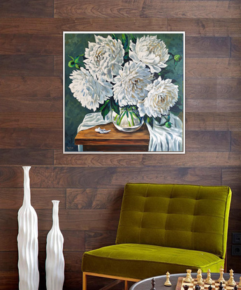 White peonies original painting by Irina Redine. Ready to hang original artwork.