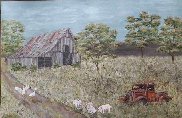 Farm Life, farm shed, pigs, geese, old vintage truck, grasses, wooden barn