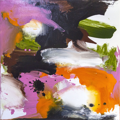 Pink, orange and black abstract with black splat and sap green