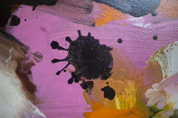 Pink, orange and black abstract with black splat and sap green