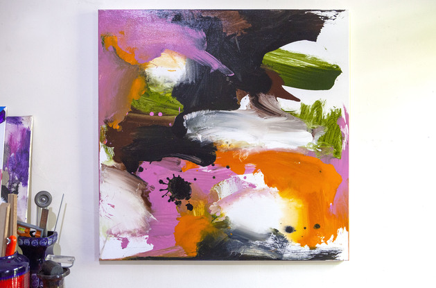 Pink, orange and black abstract with black splat and sap green