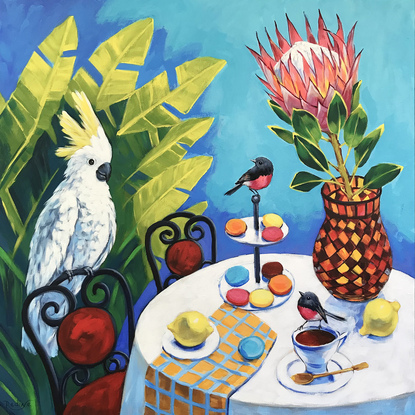 Coffee break in Australia - Sulphur-crested cockatoo, Pink robin, king protea, coffee cup, lemons and macaroons. Australian birds original painting by Irina Redine. Ready to hang original artwork.