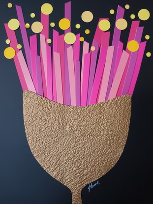 Close up look of a pink gum blossom. Created with hand cut recycled cardboard packaging and reimagined into an artwork 