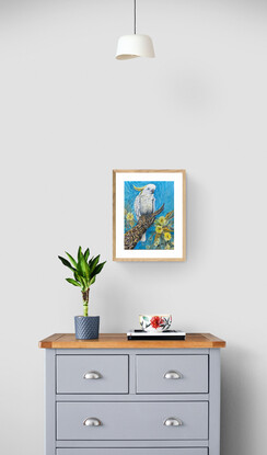 Sulphur Crested Cockatoo in oil paint on canvas with teak frame