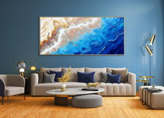 ABSTRACT painting that gives the impression of soothing ocean waves lapping in to soft sandy beach with slow easy waves creating crests of whie..  The intricate mosaic pattern within the tonal blue hues and the glimmering metallics adds added interest and intrigue.
The closer you get to the painting the more of the interesting details and patterns you can see. Metallics add an extra depth because the painting changes personality when one views from different angles.
although it is an impressionistic abstract, it still has a sense of motion of waves moving and frothing white